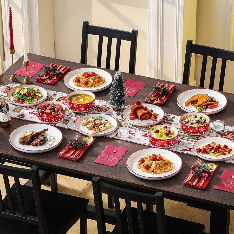 12Piece Christmas Porcelain Dinnerware Set for 4 Including Plates and Bowls Ceramic Kitchen Dining Ware Set with Santa Claus De