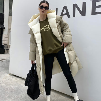 Janveny Fluffy White Duck Down Jacket Women Winter Thickness Warm Long Puffer Coat Hooded Female Fashion Fake Two-piece Parkas
