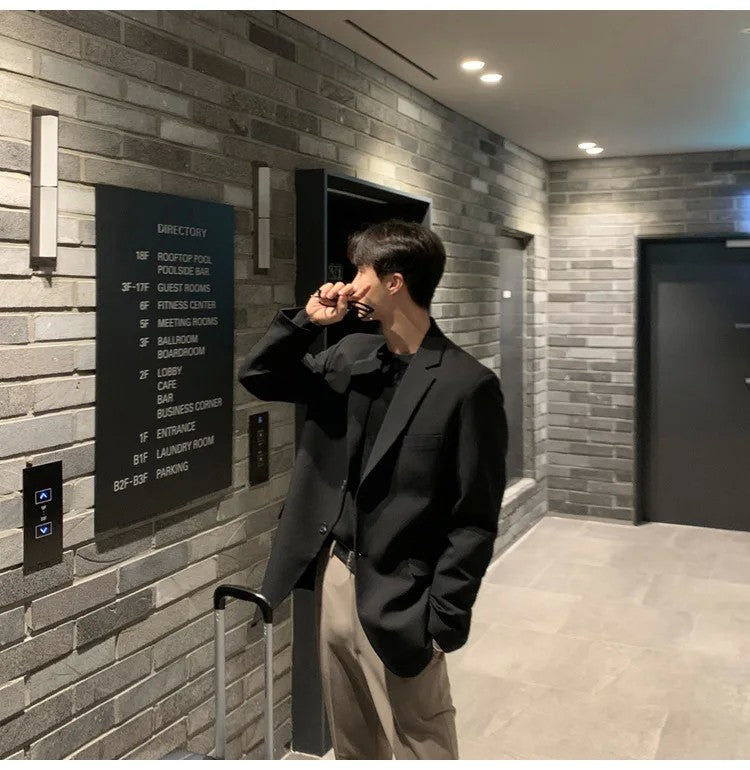 Korean Men's Casual Blazer Western-style Loose-fit Black Single-breasted Jacket Autumn Trendy Dongdaemun Style Clothes