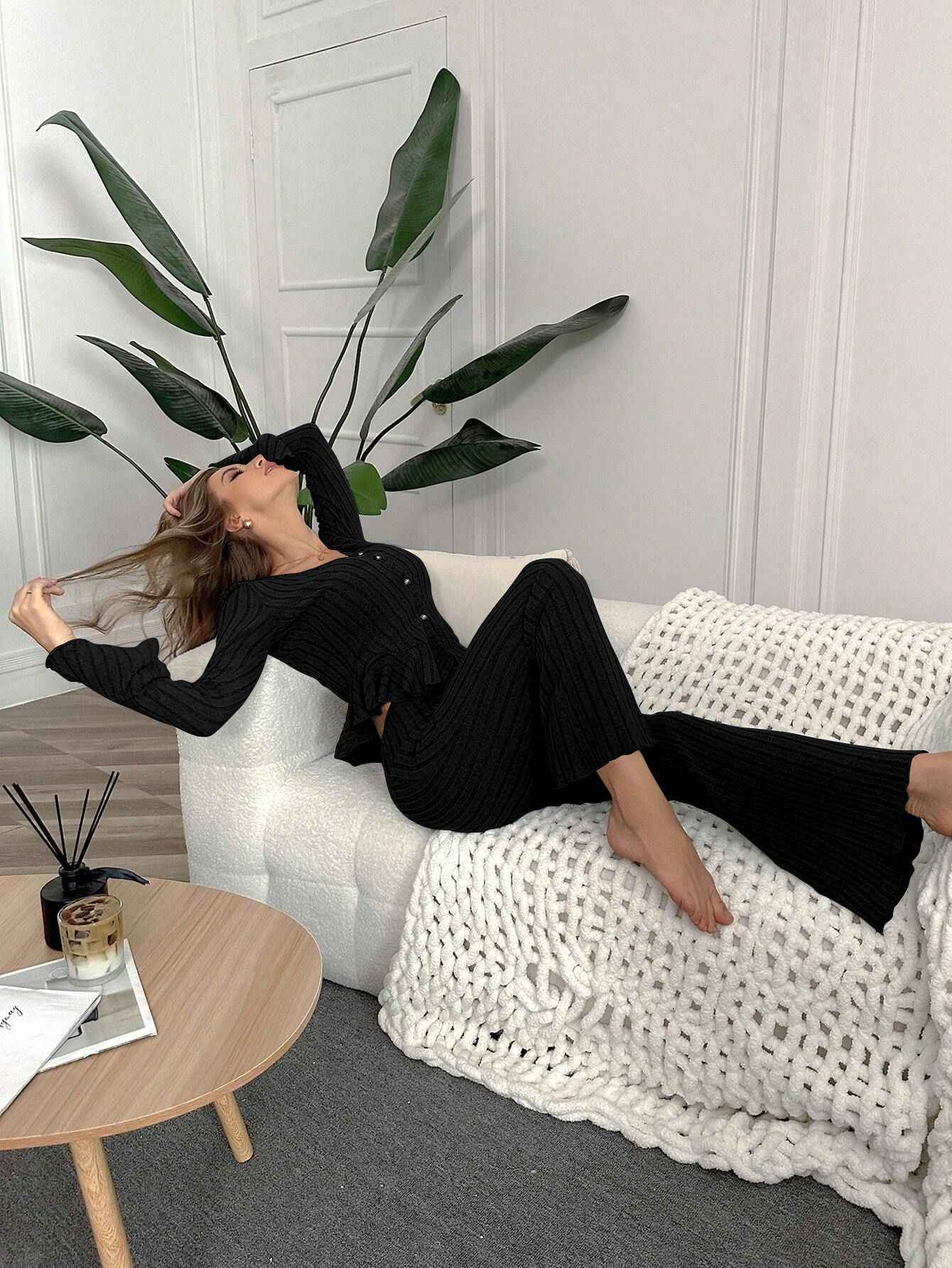 Home Wear Sexy V-neck Fashionable Length Pants Set Autumn Winter Comfortable Casual Slim Fit Women Two-piece Set pajama