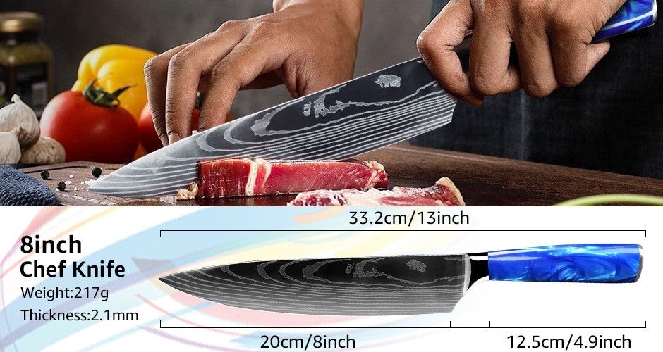 Faca de Cozinha Japonesa Chef 1-10 Peças Conjunto 7CR17 Aço Inoxidável 440C Desenho Damasco Cutelo de Carne Fatiador Santoku Ferramentas de Cozinha