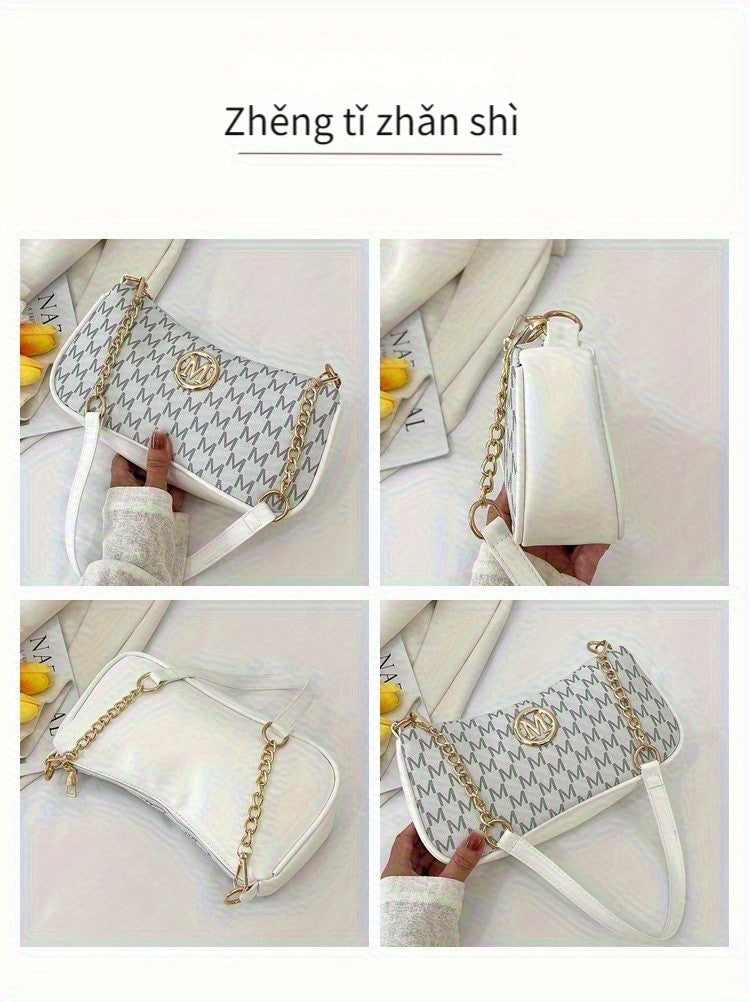 Vintage Underarm Bag for Teenager Letter Print Crossbody Small Square Bag with Chain Shoulder Handbag Adjustable Crossbody Strap