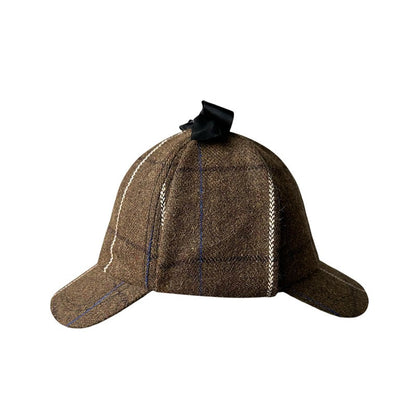 Unisex British-Style Sherlock Holmes Deerstalker Hat for Fall Winter Wool Blend Plaid Double Brim Ear-Warming, Trendy Detective