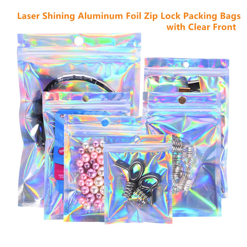 100pcs One Side Clear Laser Shiny Aluminum Foil Zip Lock Bags  Reflective Holographic Self-sealing Pouch for Fashion Accessories