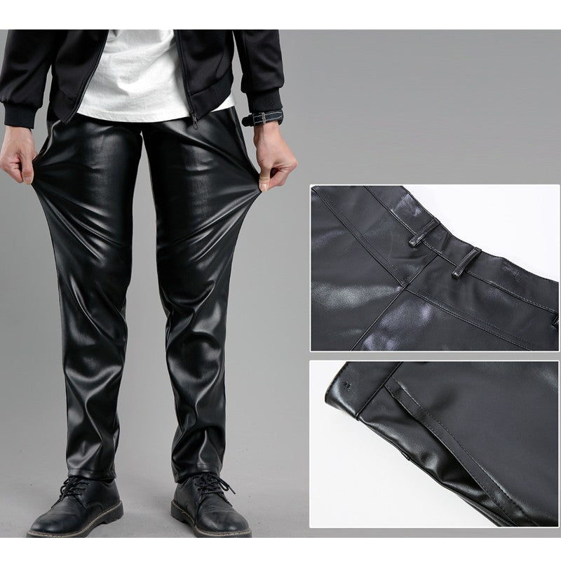 Men's High Waist Stretch Leather Pants, Windproof Straight Biker PU Pants, Warm Winter Trousers, New Fashion, 29-42