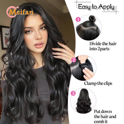 ?V-Shaped Clip in Extensions Synthetic 4-Clips Wavy Hair Extensions Brown Black One Piece Extensions for Women Daily Wear