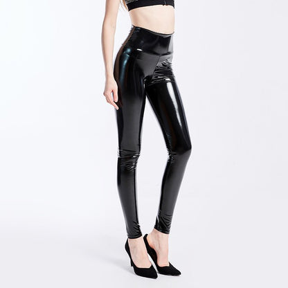 Push Up Women Black Leggings High Waist Elastic PU Leather Skinny Pants Shiny Wet Look Metallic Latex Ankle-Length Bottom