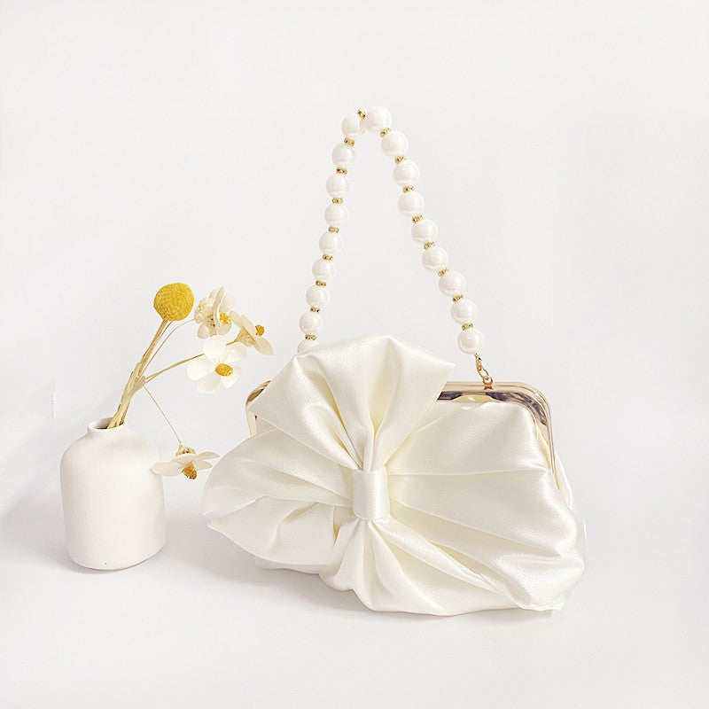 Fashion Bride Beige Women Satin Evening Banquet Clutch Bag Wedding Purse Party Bowknot Day Handbag Elegant Purse