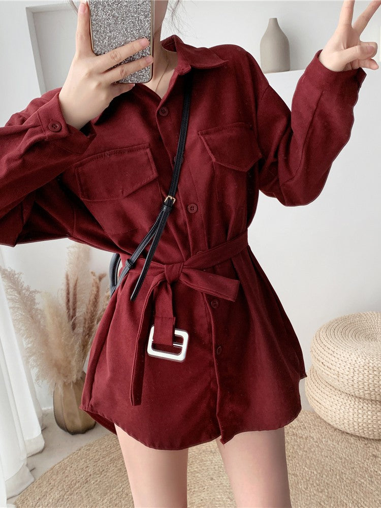 Women Spring Autumn Shirts Retro Cargo Style Pockets Long-Sleeved Shirt Puff Sleeve Bandage Nipped Waist Tops Female PL438