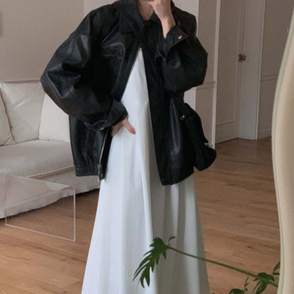 Sli Loose PU Leather Jaet Women's Chic Retro Collar Versatile BF Sle Motorcycle Clothes Trendy Long Sve Zipper