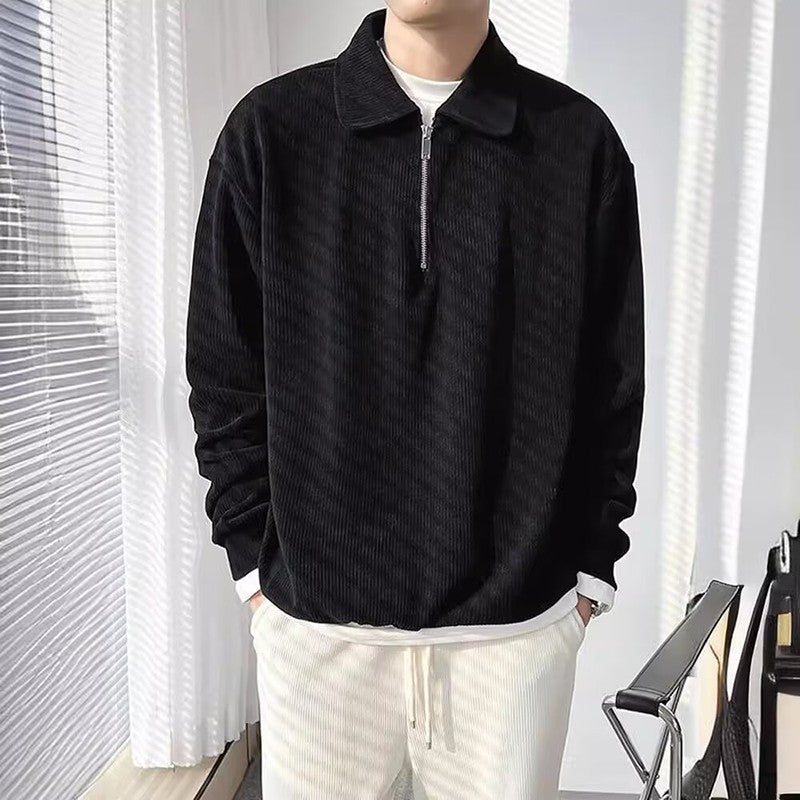 Autumn Vintage Polo Collar Sweater Men's Thickened Loose-Fit Half Zipper Knitwear New Anti-Pilling Flip Pullover Knit Sweaters