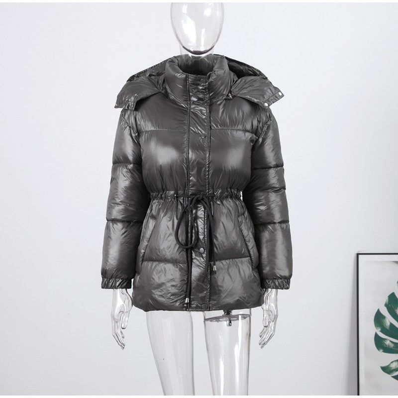 Chic Hooded Cotton Padded Jackets For Women Y2K Single Breasted Zipper Drawstring Coats 2026 Winter Pocket Long Sleeve Outerwear