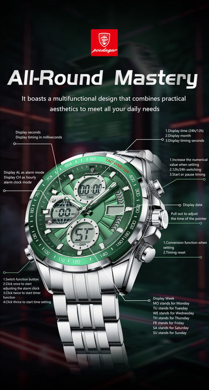 POEDAGAR Top Man Clock Waterproof Electronic LED Luxury Men's Watches Dual Time Display Digital Stainless Steel Men Quartz Watch