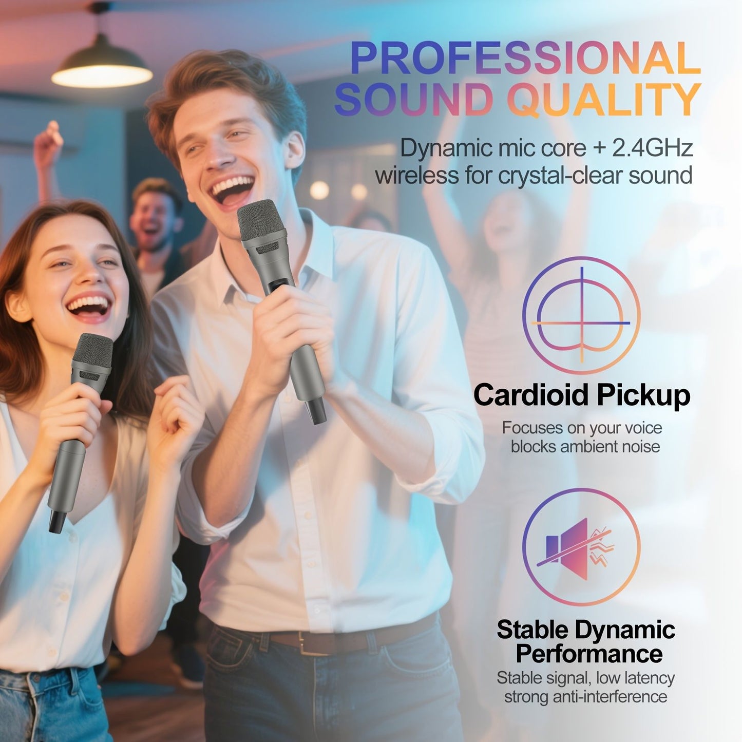Sistema de microfone sem fio de 2,4 GHz com alcance de 30 metros – 2 microfones recarregáveis para karaokê, festas, casamentos | Plug & Play, som cristalino