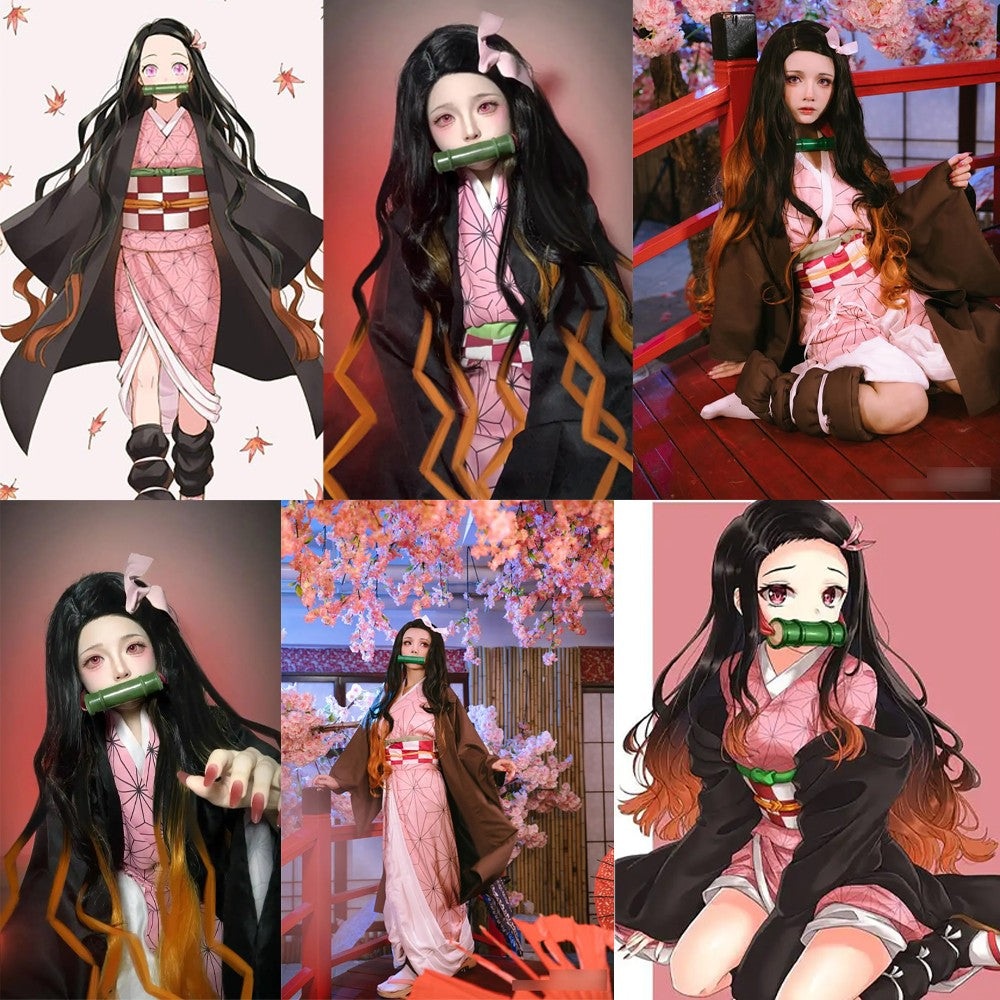 Peruca Sintética de Alta Qualidade para Cosplay de Anime Demon Slayer Kamado Nezuko, Cabelo Cacheado Longo de 81 cm, para Halloween, Carnaval, Festa Diária