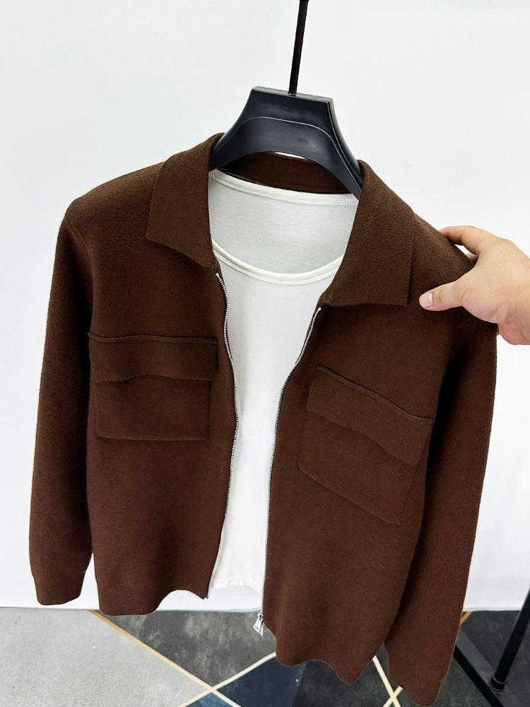 Premium Zipper Collar Wool Cardigan Men's Casual Coat Autumn/Winter Luxury Pocket Design Solid Color Casual Warm Sweater Jacket