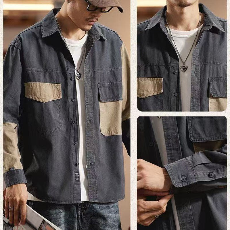 Vintage Heavy Weight Carbon Grinding Patchwork Shirts Mens Spring Autumn Trendy Long Sleeves Cargo Shirt Streetwear Casual Tops