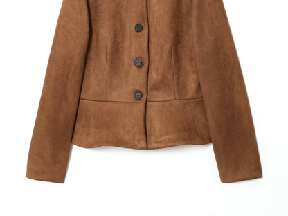 NERHEFZ Autumn Women Leather Jacket with Flared Hem Long Sleeve O Neck Button Jacket Causal Lady Coats Female Tops