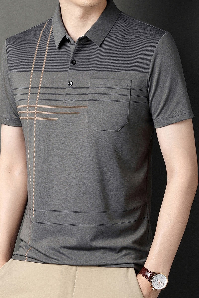 Summer New Men's Color Blocking Polo Shirt Pocket Button Up T-shirt Casual Slim Fit Comfortable Short Sleeved Breathable Top