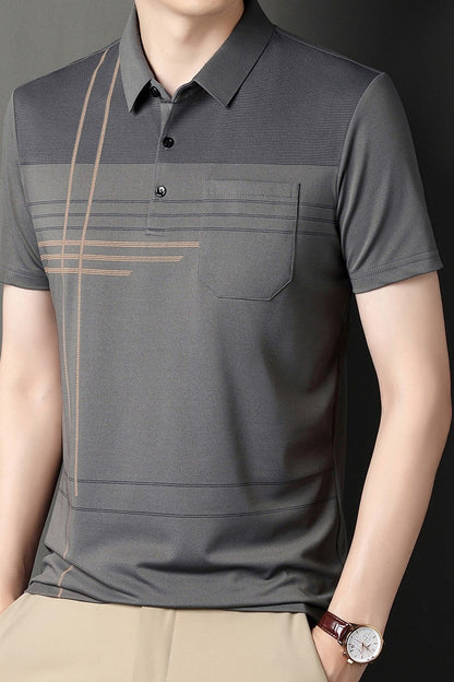 Summer New Men's Color Blocking Polo Shirt Pocket Button Up T-shirt Casual Slim Fit Comfortable Short Sleeved Breathable Top