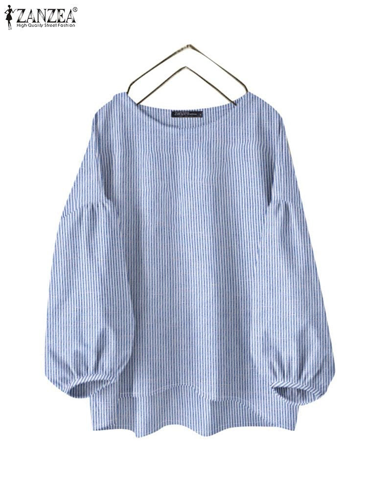 ZANZEA Fashion Striped Work OL Blouse Women Casual O Neck Long Sleeve Loose Shirt Stylish Blusas Vintage Chemise Autumn Tops