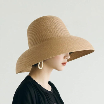 Women Panama Straw Hat Summer Sun Hats Solid Plain Elegant Wide Brim Hat Sunscreen Hepburn Style Beach Hat For Outdoor