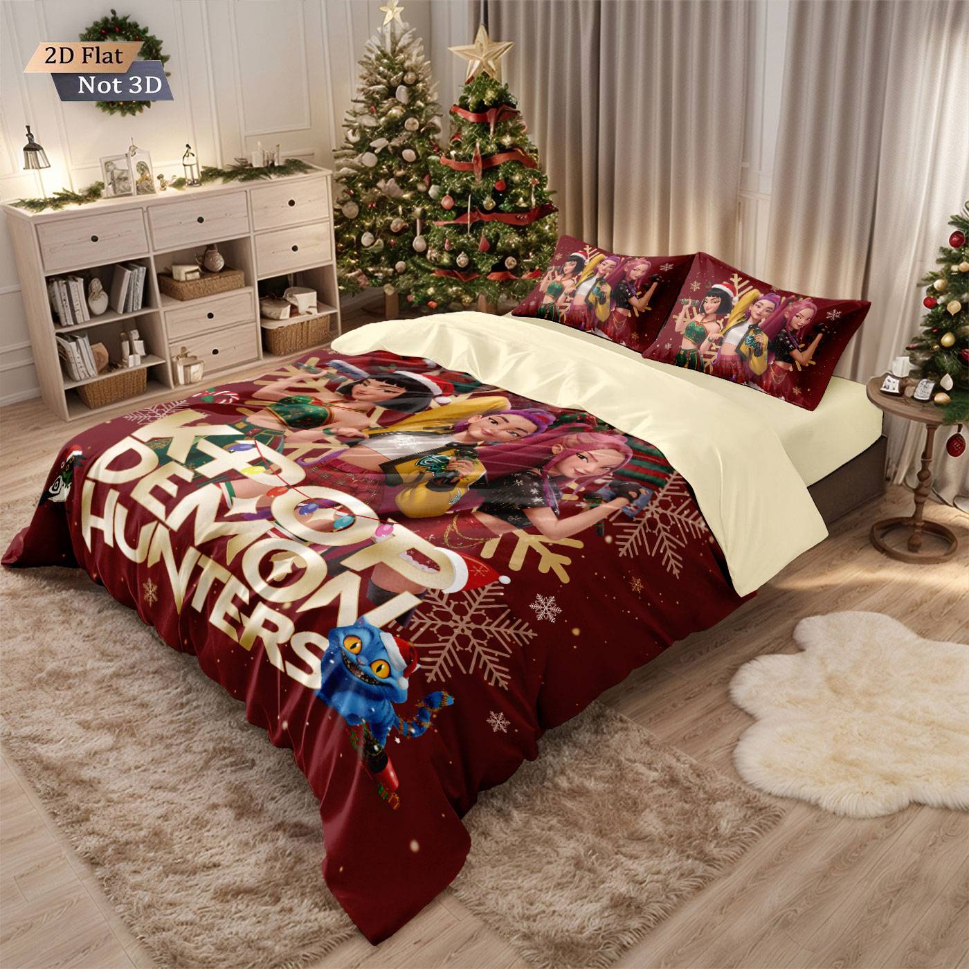 3pcs Christmas K-Pop Demon Hunters Print Coreless Bedding Set Multi Size Bedroom Bedding Decoration Machine Washable