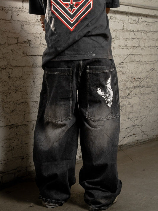 Retro Street Harajuku Hip-hop Oversized Wash High-waisted Jeans Men Y2K Casual Rock Fashion Loose Straight Wide-leg Pants Women