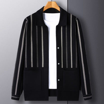 Knitted Cardigan Men's Minimalist Black and White Sweater Autumn and Winter New Slim Fit Sweater Youth Striped Jacket