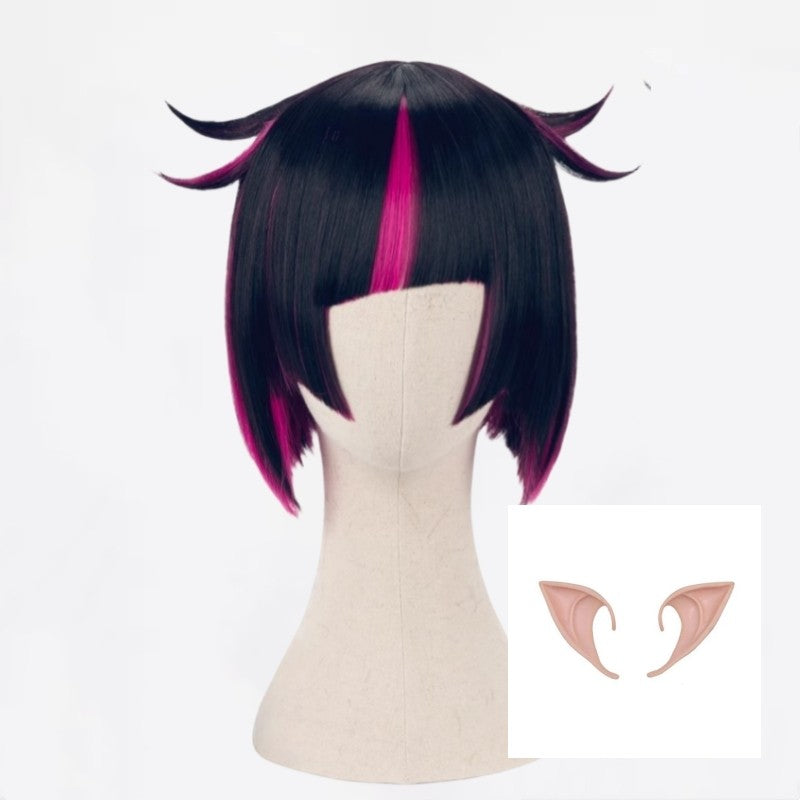 Lilia Vanrouge Cosplay Wig Black Purple Mixed Short Heat Resistant Synthetic Hair Halloween Party Anime Wigs + Wig Cap + Ears