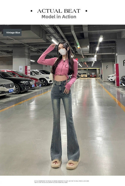 High Waist Fce Lined Thiened Autumn Winter American Bla ey Micro Flared Jeans Women Slimming Legging  Hoof Pants