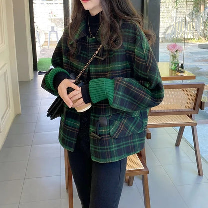 Korean Loose Slim Short Jacket Female Outerwear New Lattice Woolen Coat Women Spring Autumn Bat Sleeves Cowhorn Button Wool Coat