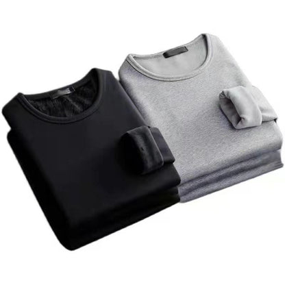 2PCS Men's Underwear Winter Long-sleeved Thermal Underwear Plus Velvet Padded T-shirt O-Neck Solid Color Slim Bottoming Shirt
