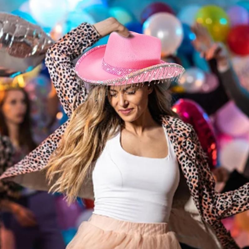 31BB Western Bridal Accessory Rhinestones Studded Tassels Lace Cowboy Hats Panama Hat Photography Props