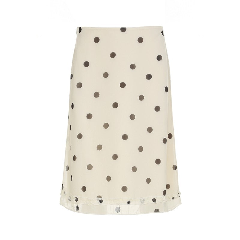 BIIKPIIK Casual Women Polka Dot Skirts Lettuce Trim Beige Elegant Midi Skirts St