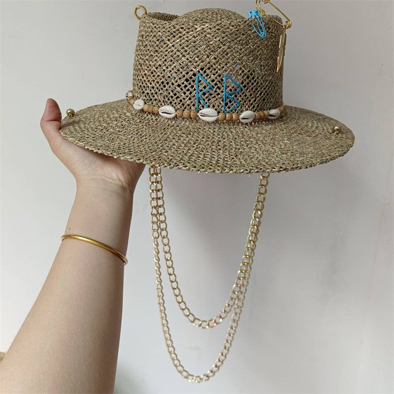 Chapéu de Palha Corrente Punk 2023 Novo Chapéu de Sol Acessórios Corrente Dourada Jazz Hip Hop Chapéu de Verão Estilo Punk Chapéu de Praia Chapéu de Igreja