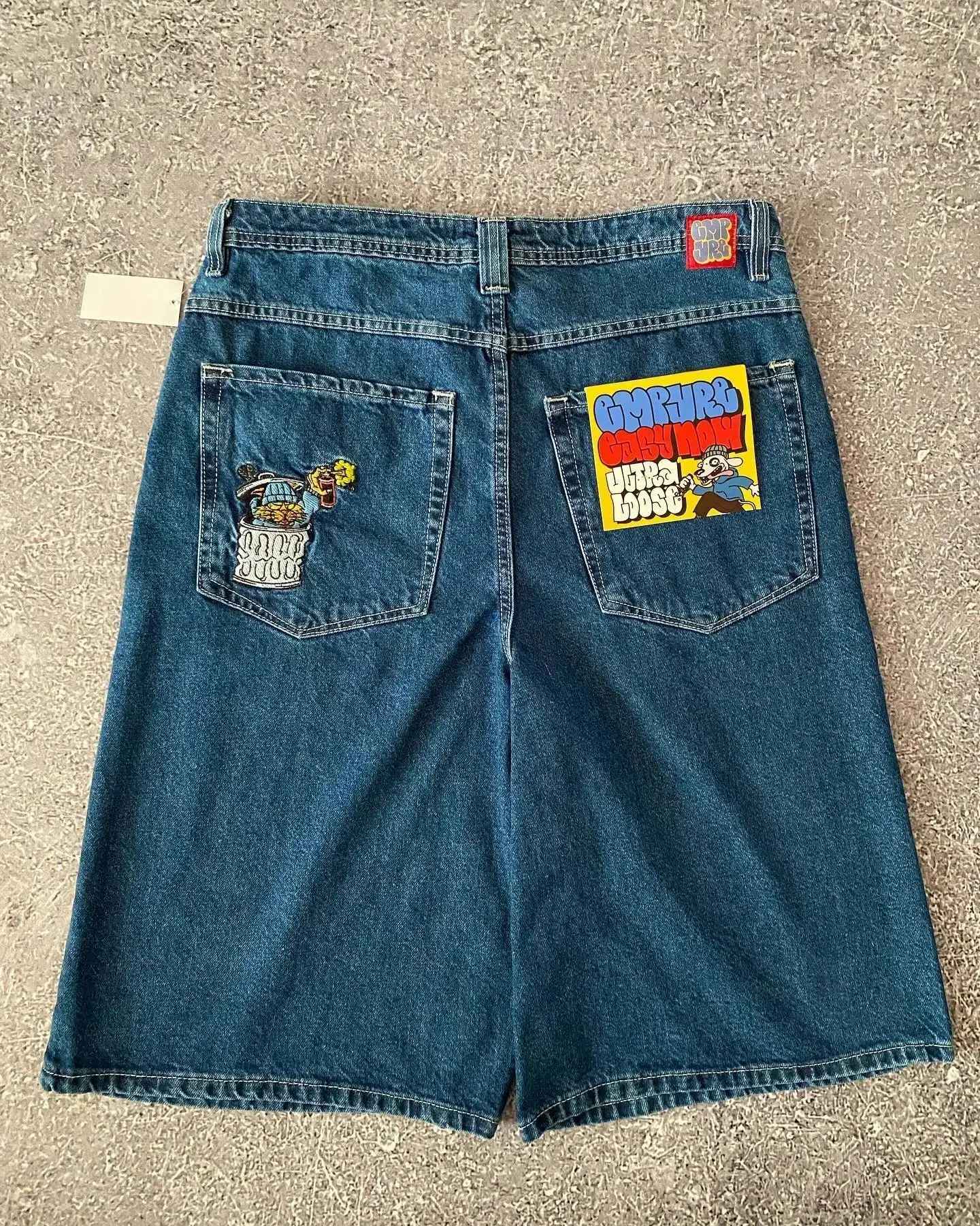 Empyre new gray denim skateboard shorts cartoon embroidery design loose jeans wide leg pants hip hop street Y2K couple pants
