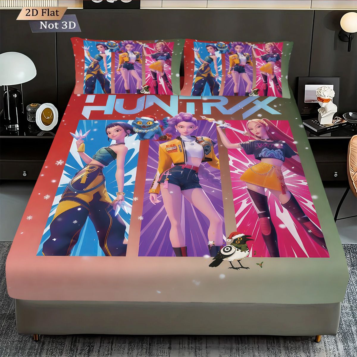 Conjunto de Lençóis Sem Lascas Estampados K-Pop Demon Hunters com 3 Peças e Vários Tamanhos de Capa de Cama Decoração de Cama Lavável à Máquina
