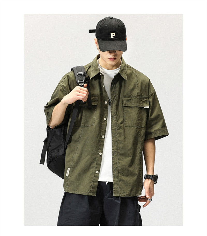 Summer Japanese Cargo Short Sleeve Shirt Men's Pockets Button Turn-down Collar Shirts Fashion Casual Cardigan blouses Tops