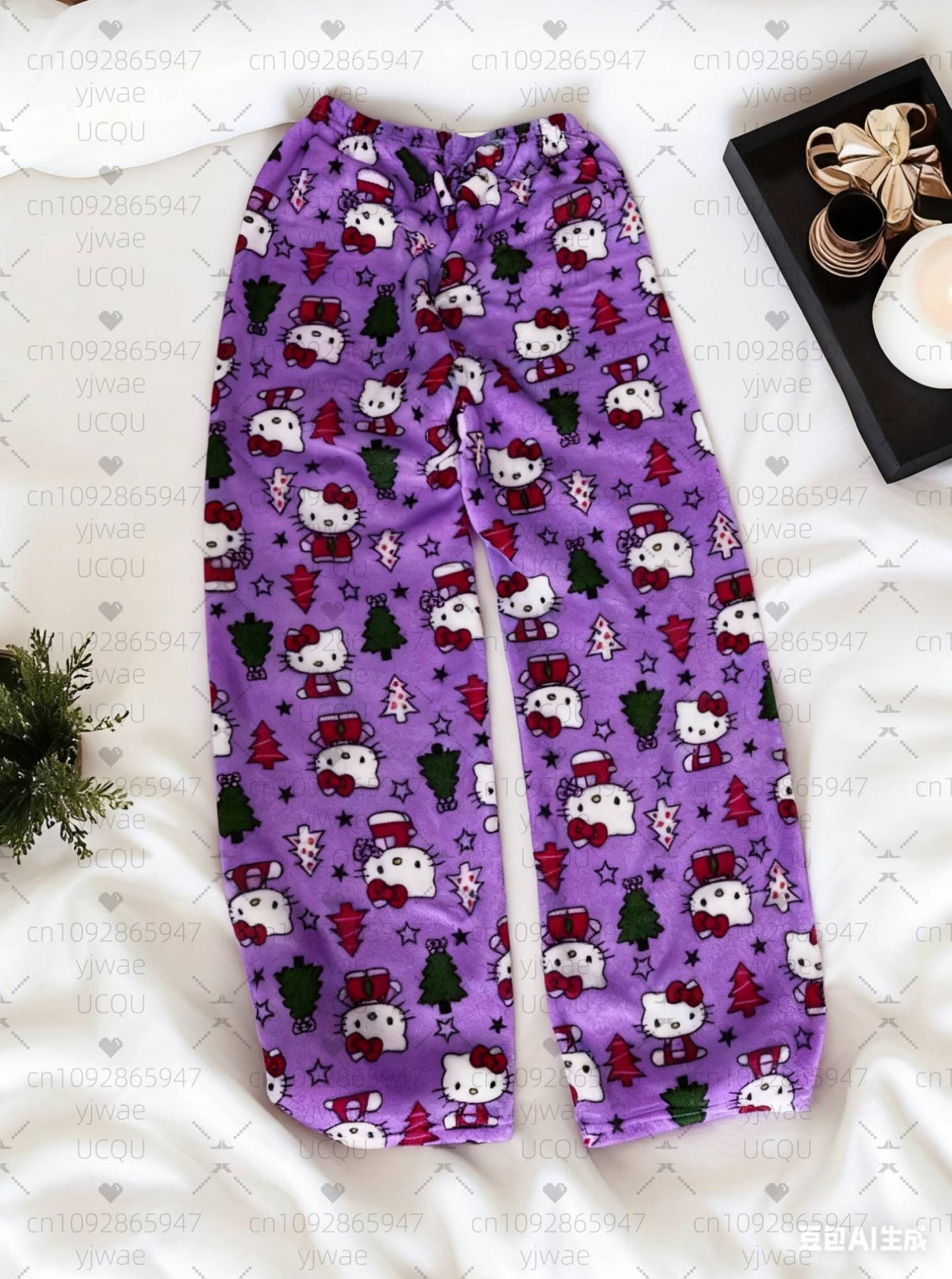 2025 Winter Women Hello Kitty Christmas Tree plush Pajama Pants Soft Trousers Cute Women Casual Home Anime Cartoon  Pajama Pants