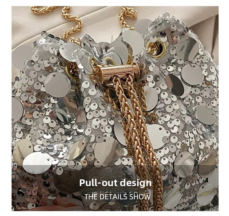 Sequin Chain Women's Portable Bucket Shoulder Bags Retro Ladies Dinner Party Clutch Purse Luxury Design Female Crossbody Bag