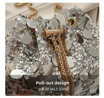 Sequin Chain Women's Portable Bucket Shoulder Bags Retro Ladies Dinner Party Clutch Purse Luxury Design Female Crossbody Bag