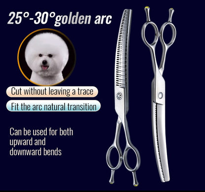 Fenice Tesoura para Tosar Pet Chunker Curva/Reta de 7.0 Polegadas com Dentes 3D Sem Marca de Aço VG10, Parafusos de Rolamento
