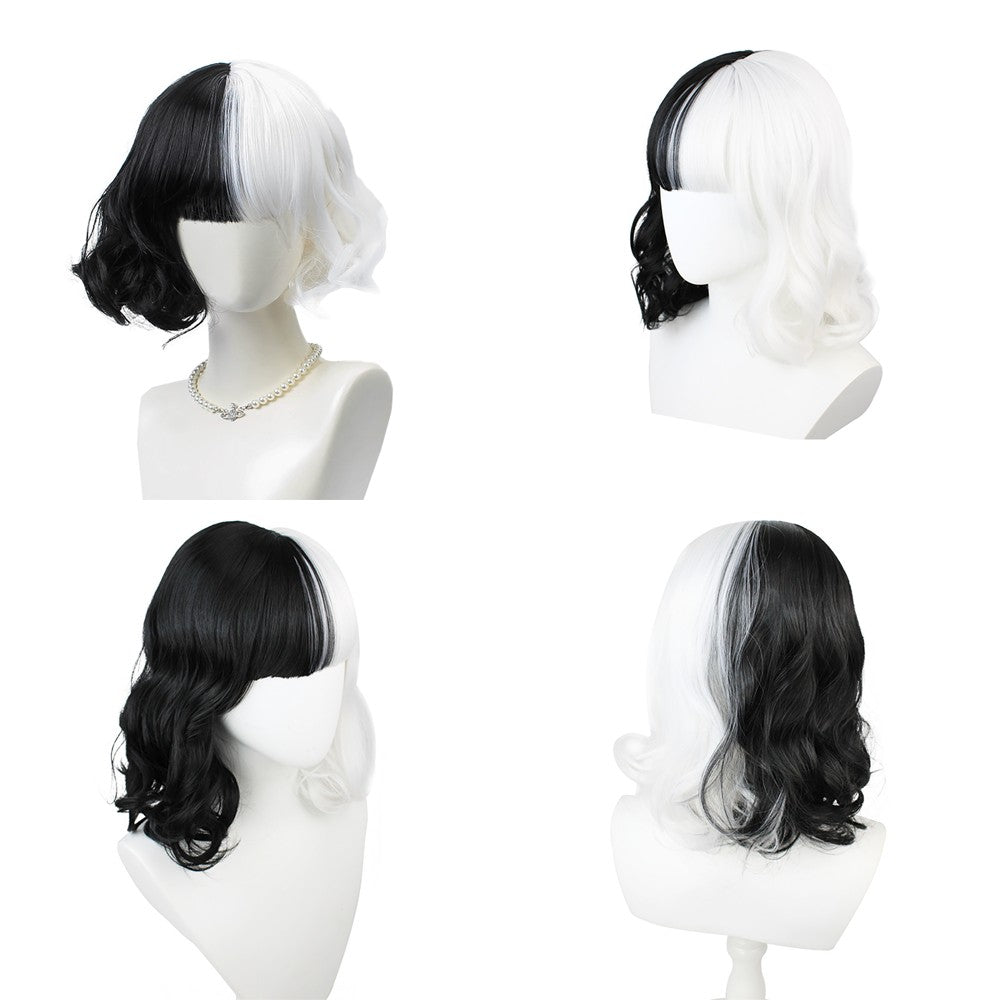 Peruca de cabelo sintético de cosplay da Cruella metade preta e metade branca de 30 cm, curta e encaracolada, para Halloween, festa diária, com franja