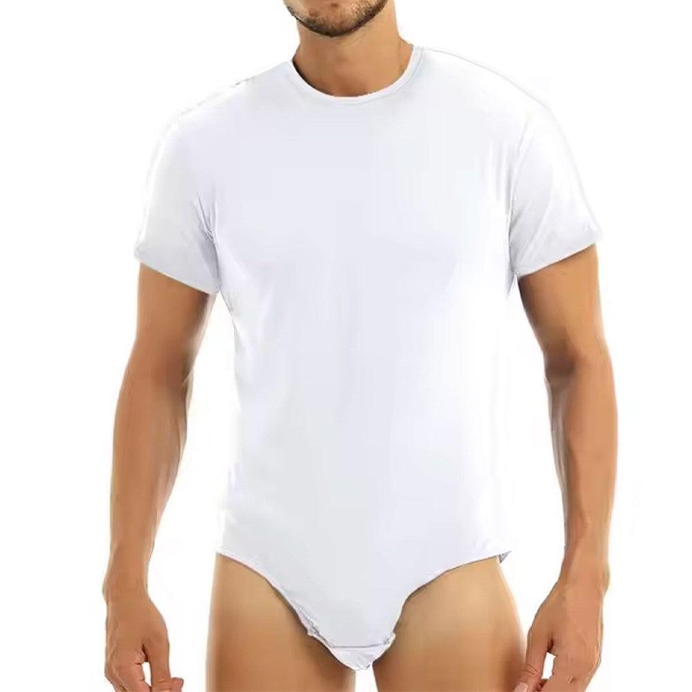 Men Short Sleeve Bodysuit Press Botton Crotch Shirt Pajamas Bodysuit Undershirts Leotard Top