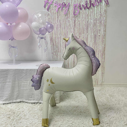 1pcs New 3D Standing Birthday Matte Retro Unicorn Wooden Horse Birthday Party Baby Shower Decoration Aluminum Film Balloons