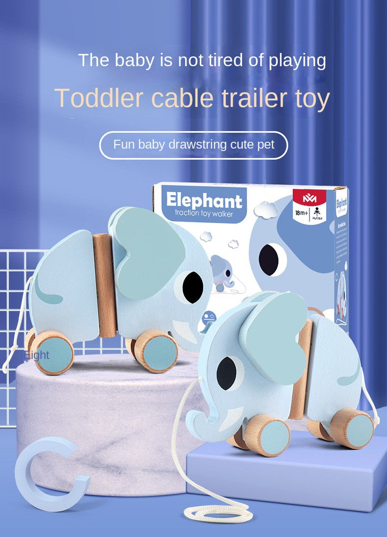 Wooden children's elephant pulling rope cart, towing toys, baby boy, baby girl toddler, children's gifts, early education toys