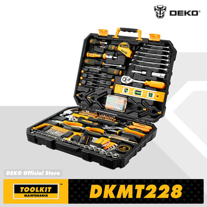 Conjunto de Ferramentas Manuais DEKO 228 Peças com Chave de Soquete e Caixa de Ferramentas de Plástico para Reparo Automotivo