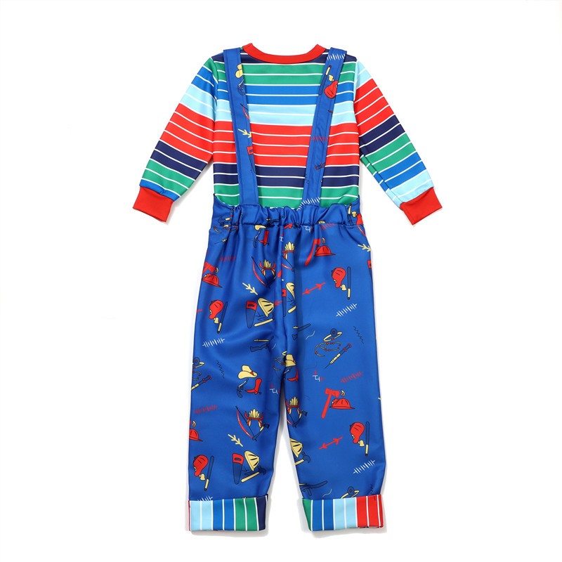 Unisex Chucky Scary Halloween Role Play Costume with Printed Alphabet Bib Pants Gift Scar Sticker Gift Holiday Party Dress Up