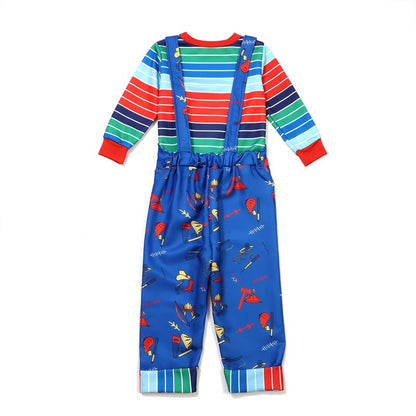 Unisex Chucky Scary Halloween Role Play Costume with Printed Alphabet Bib Pants Gift Scar Sticker Gift Holiday Party Dress Up
